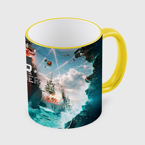 Кружка цветная Wartunder корабль авианосец / 3D-Желтый кант – фото 1
