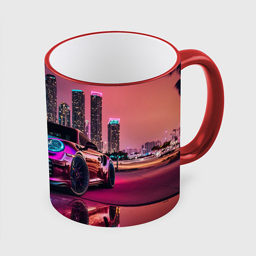 Кружка цветная Porshe night city / 3D-Красный кант – фото 1