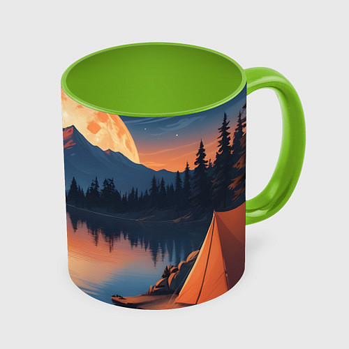 Кружка цветная Костер на берегу озера / 3D-Белый + светло-зеленый – фото 1
