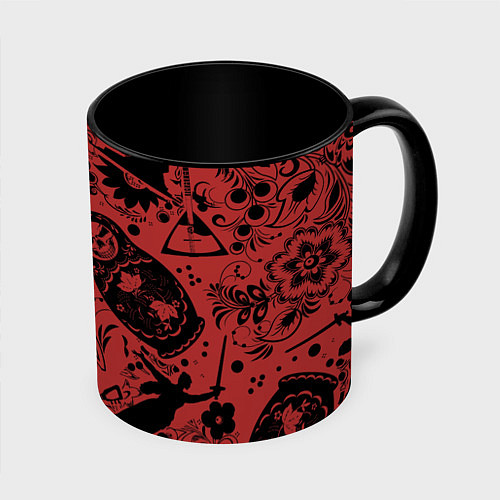 Кружка цветная Россия на фоне матрёшек балалайки и славянских узо / 3D-Белый + черный – фото 1