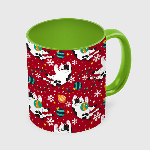 Кружка цветная Новогодний паттерн с котиками / 3D-Белый + светло-зеленый – фото 1