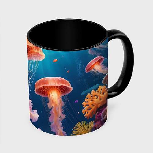 Кружка цветная Подводный мир медузы / 3D-Белый + черный – фото 1