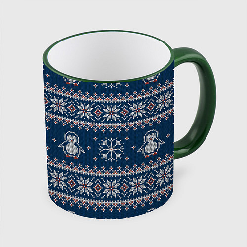 Кружка цветная Вязаный зимний узор с милыми пингвинами / 3D-Зеленый кант – фото 1