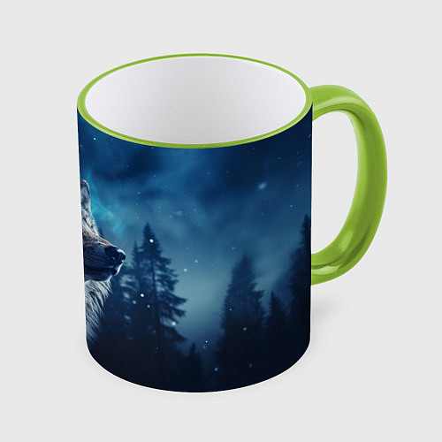 Кружка цветная Голова волка и небо / 3D-Светло-зеленый кант – фото 1