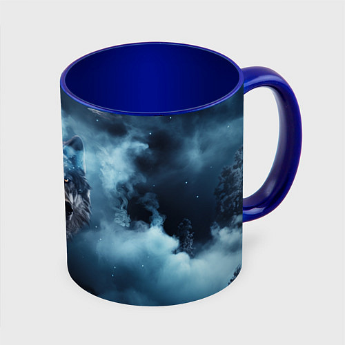 Кружка цветная Волк ночное синее небо / 3D-Белый + синий – фото 1
