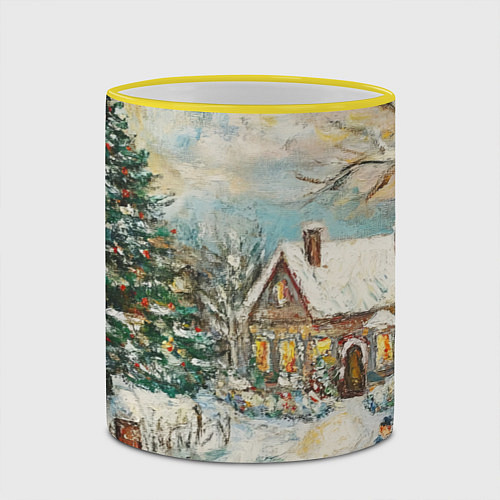 Кружка цветная Новогоднее утро во дворе пейзаж / 3D-Желтый кант – фото 2