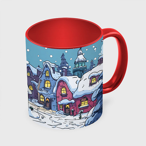 Кружка цветная Зимние домики иллюстрация / 3D-Белый + красный – фото 1
