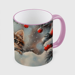 Кружка цветная Маленький котенок на снегу с новогодними шариками