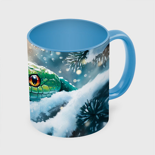 Кружка цветная Зеленая змейка на заснеженной ветке / 3D-Белый + небесно-голубой – фото 1