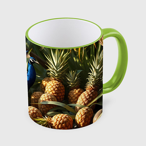 Кружка цветная Павлин стоящий рядом с ананасами / 3D-Светло-зеленый кант – фото 1