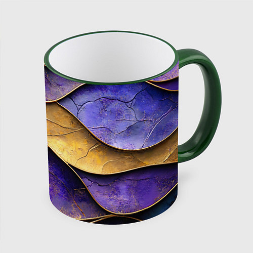 Кружка цветная Фиолетовые и золотые волны / 3D-Зеленый кант – фото 1