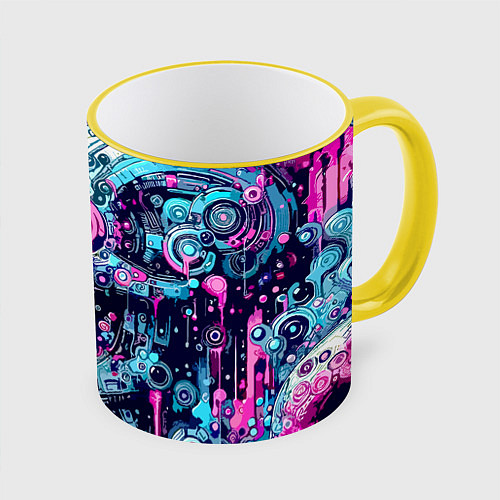 Кружка цветная Cyber skull - blots sketch / 3D-Желтый кант – фото 1