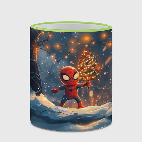 Кружка цветная Маленький человек-паук держит елку / 3D-Светло-зеленый кант – фото 2