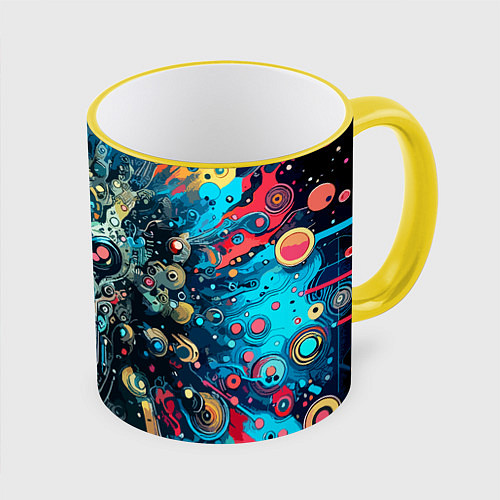 Кружка цветная Таинственная кибер физиономия - паттерн / 3D-Желтый кант – фото 1