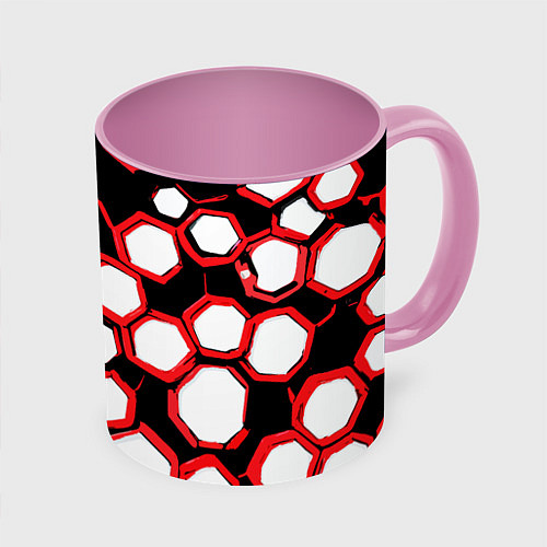 Кружка цветная Красно-белые шестиугольники на чёрном фоне / 3D-Белый + розовый – фото 1