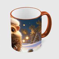 Кружка 3D Новогодний ежик в шапочке, цвет: 3D-оранжевый кант