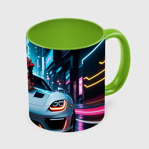 Кружка цветная Девушка на авто - киберпанк / 3D-Белый + светло-зеленый – фото 1