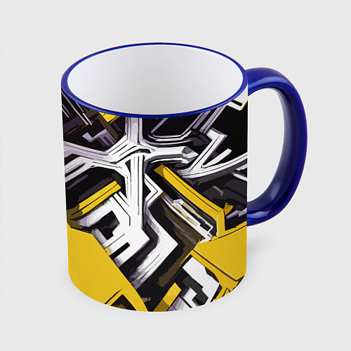 Кружка цветная Бело-жёлтый техно паттерн на чёрном фоне / 3D-Синий кант – фото 1