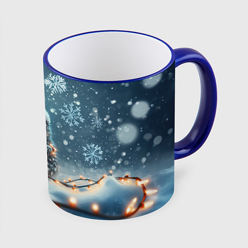 Кружка цветная Сердитый новогодний ёжик / 3D-Синий кант – фото 1