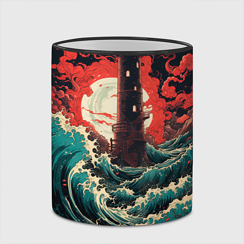 Кружка цветная Маяк и волны в японском стиле / 3D-Черный кант – фото 2