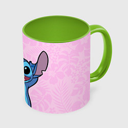 Кружка 3D Stitch on a pink background, цвет: 3D-белый + светло-зеленый