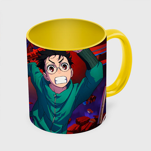 Кружка цветная Дандадан: Момо и Кэн / 3D-Белый + желтый – фото 1