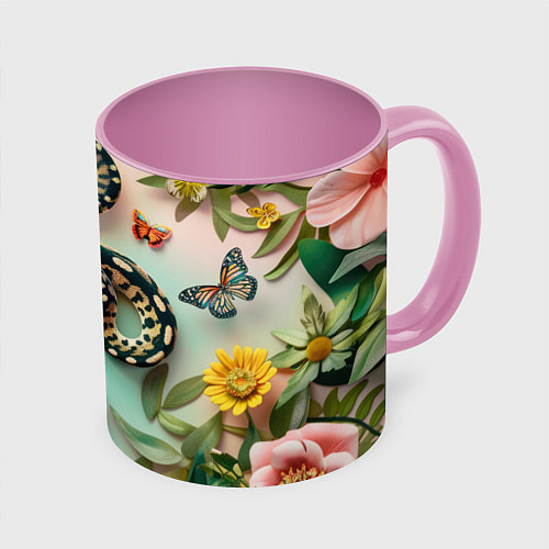 Кружка цветная Змея и бабочки / 3D-Белый + розовый – фото 1