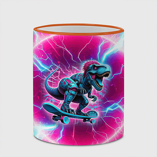 Кружка цветная Cyber tyrannosaurus is a cool skateboarder / 3D-Оранжевый кант – фото 2