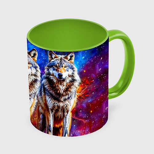 Кружка цветная Волки в космосе / 3D-Белый + светло-зеленый – фото 1