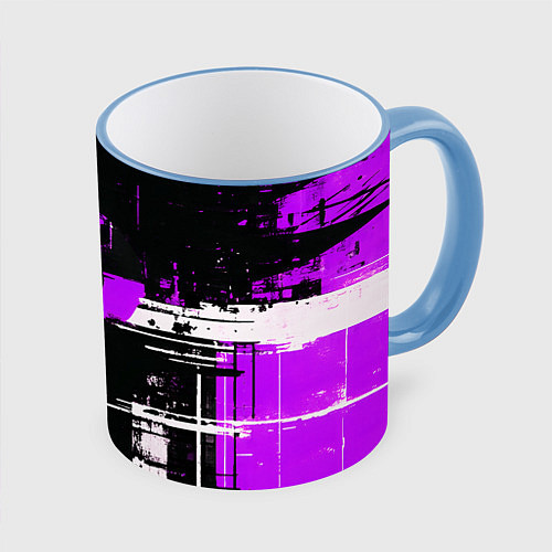 Кружка цветная Фиолетово-белый гранж на чёрном фоне / 3D-Небесно-голубой кант – фото 1