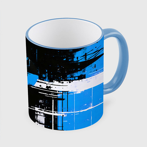 Кружка цветная Сине-белый гранж на чёрном фоне / 3D-Небесно-голубой кант – фото 1
