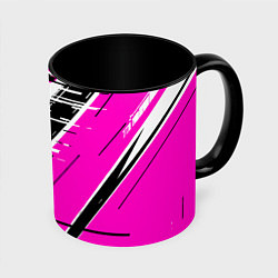 Кружка 3D Чёрно-белые глитч полосы на розовом фоне, цвет: 3D-белый + черный