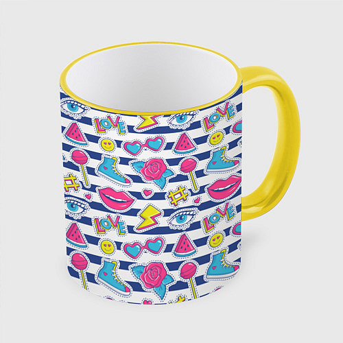 Кружка цветная Полосатый паттерн с яркими молодежными стикерами / 3D-Желтый кант – фото 1