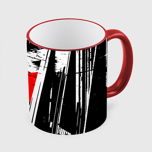 Кружка цветная Чёрно-белые абстрактные линии на красном фоне / 3D-Красный кант – фото 1