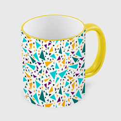 Кружка 3D Бирюзовые желтые треугольники на белом, цвет: 3D-желтый кант
