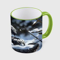 Кружка 3D Новогодняя черная змея с голубыми глазами, цвет: 3D-светло-зеленый кант