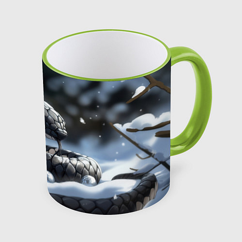Кружка цветная Новогодняя черная змея с голубыми глазами / 3D-Светло-зеленый кант – фото 1