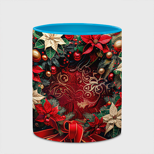 Кружка цветная Новогодний венок с пуансеттией - нейросеть / 3D-Белый + небесно-голубой – фото 2