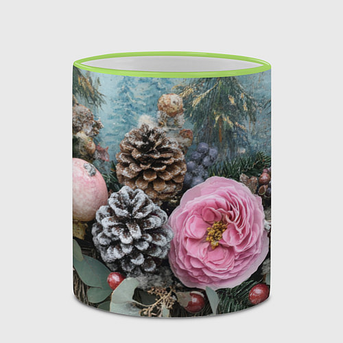 Кружка цветная Новогодние цветы и шишки / 3D-Светло-зеленый кант – фото 2