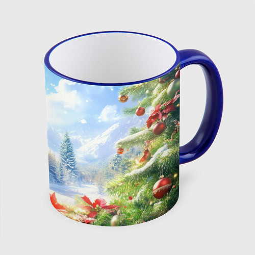 Кружка цветная Новогодний дневной пейзаж / 3D-Синий кант – фото 1