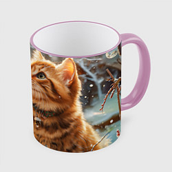 Кружка 3D Котята возле новогодней елки - нейросеть, цвет: 3D-розовый кант