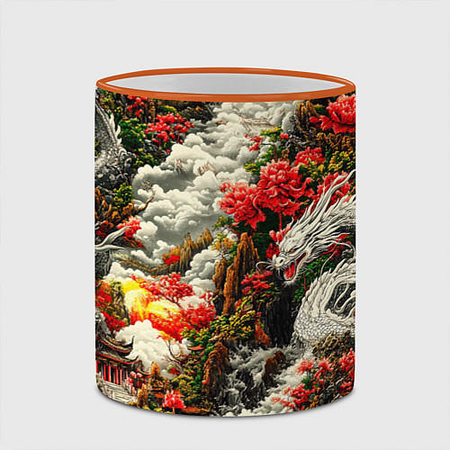 Кружка цветная Дракон в небесном храме - нейросеть / 3D-Оранжевый кант – фото 2