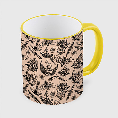 Кружка цветная Татуировка с цикадой и демоном Они - паттерн / 3D-Желтый кант – фото 1