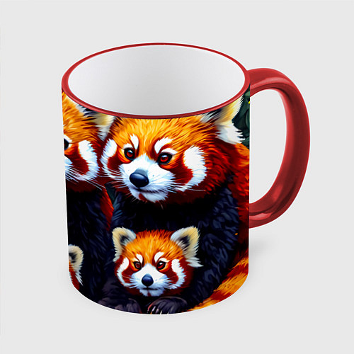 Кружка цветная Семья красных панд / 3D-Красный кант – фото 1