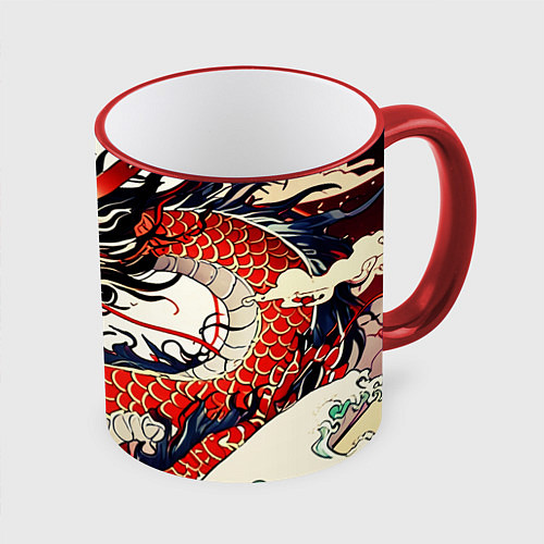 Кружка цветная Красный дракон в японском стиле ирезуми / 3D-Красный кант – фото 1