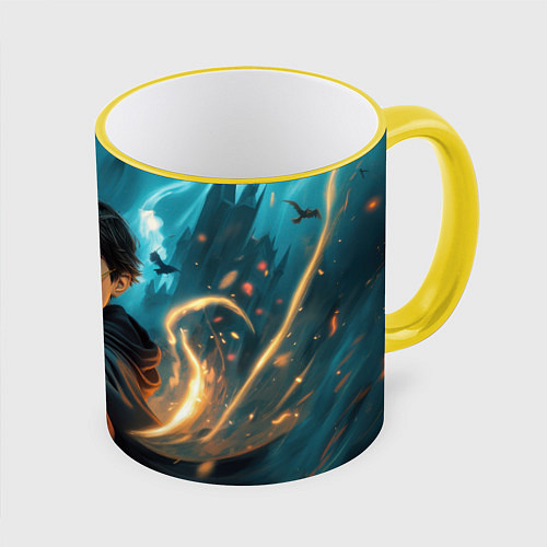 Кружка цветная Гарри Поттер волшебник / 3D-Желтый кант – фото 1