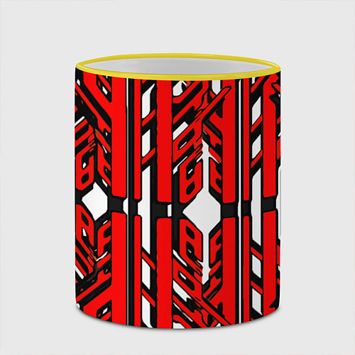 Кружка цветная Чёрно-красные техно полосы на белом фоне / 3D-Желтый кант – фото 2