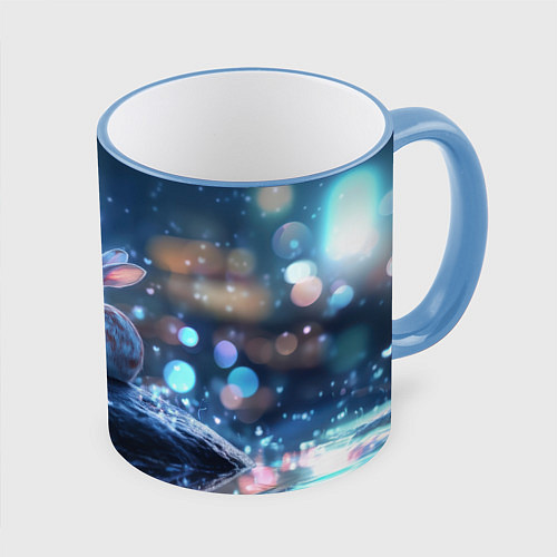 Кружка цветная Заяц с неоновым сердцем 14 февраля / 3D-Небесно-голубой кант – фото 1