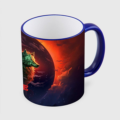 Кружка цветная Любовь - волк и волчица / 3D-Синий кант – фото 1