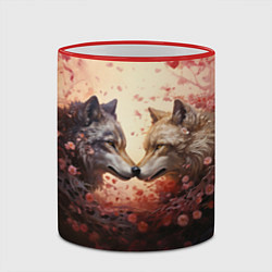Кружка 3D Волк и волчица в бутонах цветов, цвет: 3D-красный кант — фото 2